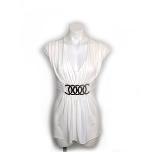 White House Black Market White Blouse with Textured Metal Belt